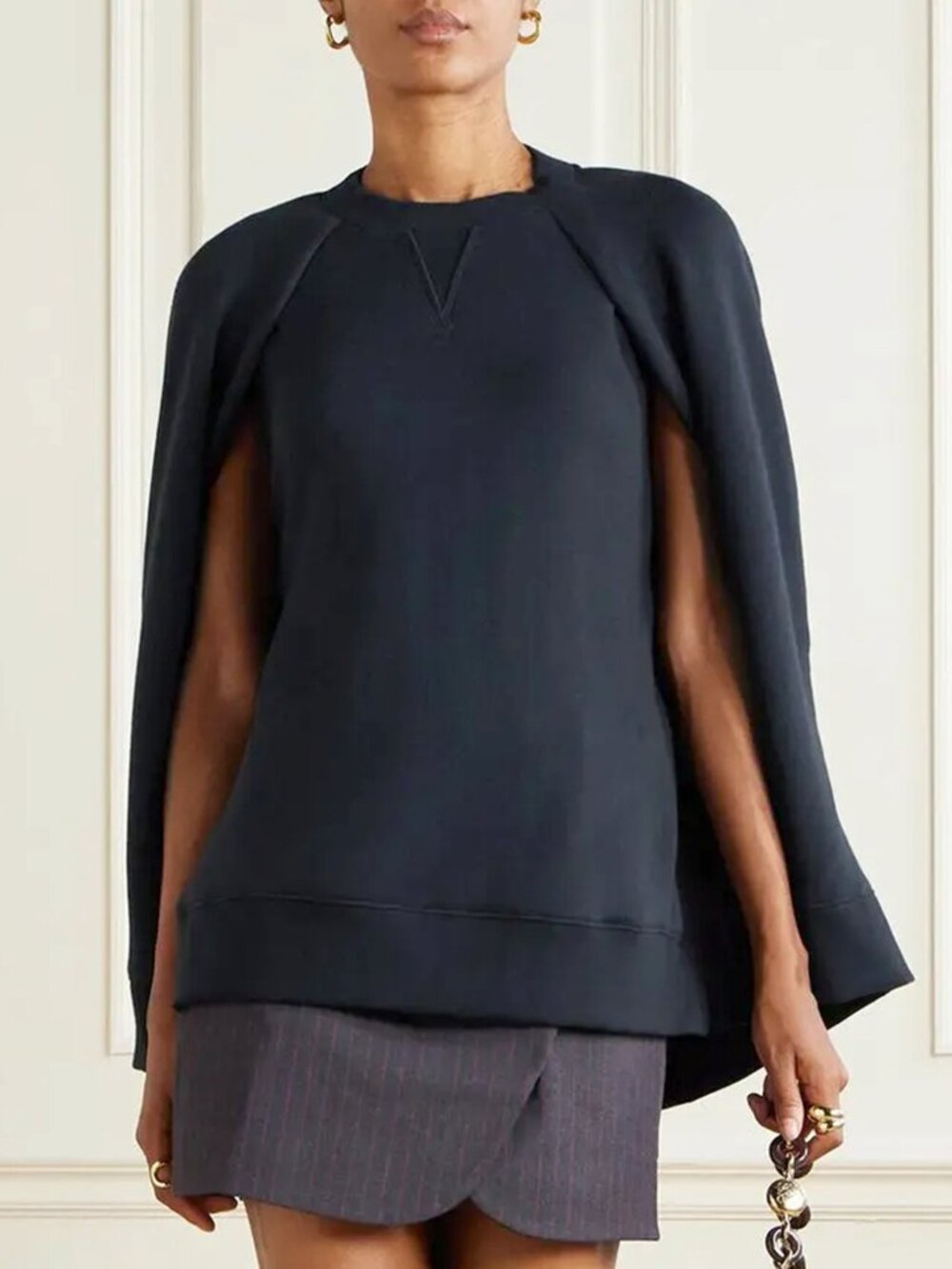 LOEWE Navy Blue Cotton Cashmere Terry Knit Stretch Poncho Coat Cape S